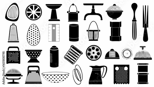 Illustration showcasing a variety of kitchen utensils and tools in a bold black and white stylistic design silhouette