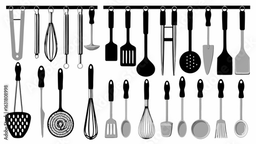 Assorted kitchen utensils including spatulas whisks and ladles hanging on a black rod in a kitchen scene silhouette