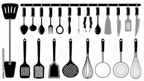 Illustration of kitchen utensils hanging on a rack including spatulas spoons and whisks and other tools silhouette