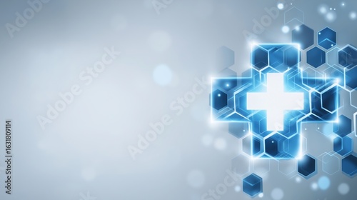 Modern Medical Banner Design Featuring Blue Neon Hexagons and Clean White Background for LinkedIn