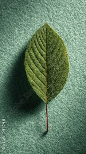 Single vibrant green leaf on teal background