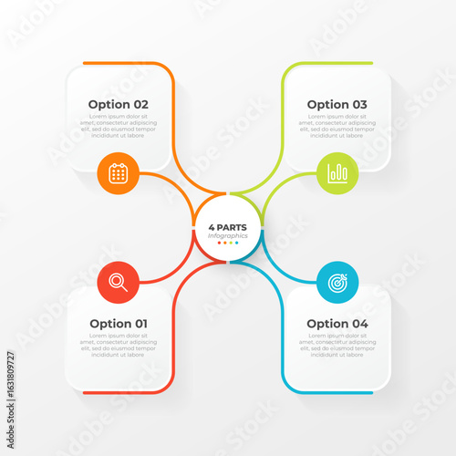 Business infographic label design with 4 parts, options. Vector illustration. Can be used for workflow diagram, info chart, web design and annual report.