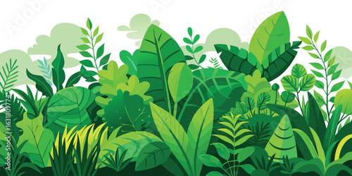 Green jungle foliage vector illustration, tropical leaves background, nature design art
