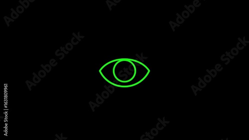 neon green eye icon animation glowing on black background, minimal futuristic surveillance symbol for vision, monitoring, security or privacy ux hud elements in technology interface explainer videos