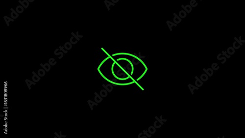 neon green eye icon animation glowing on black background, minimal futuristic surveillance symbol for vision, monitoring, security or privacy ux hud elements in technology interface explainer videos