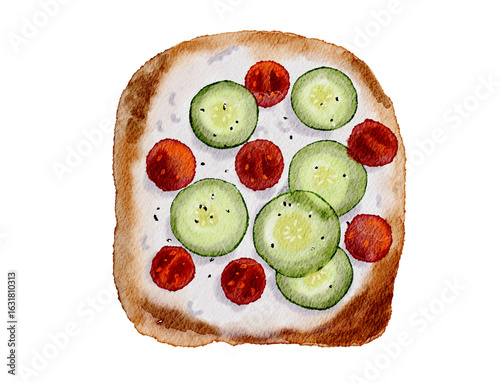 Watercolor illustration of a slice of toast with white spread cream cheese or ricotta, topped with slices of cucumber and cherry tomatoes