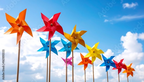 Colorful Pinwheels Turning Under a Sunny Blue Sky with Clouds