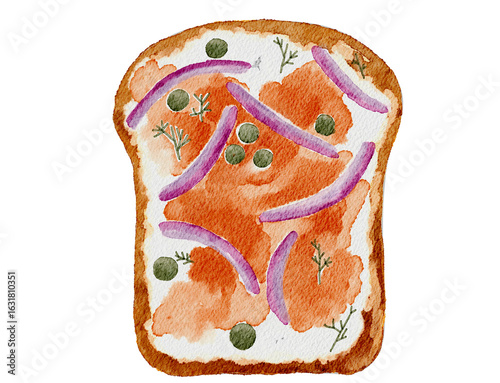 A slice of toast with smoked salmon, thinly sliced red onion, and herbs