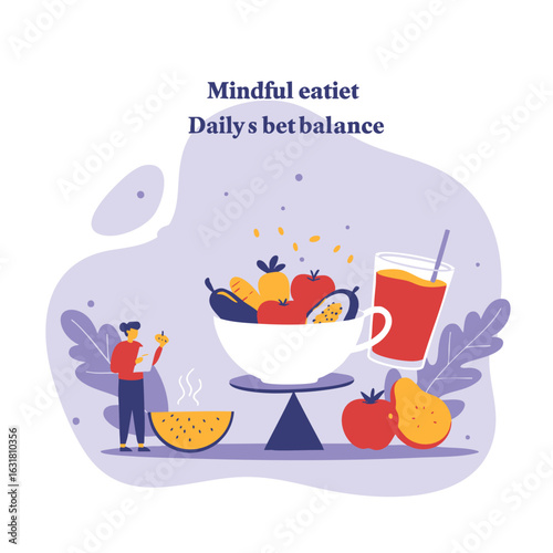 Balanced diet and mindful eating conceptual vector illustration. A person weighs healthy food choices on a scale for a nutritious lifestyle.