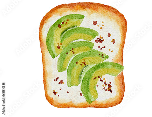Watercolor illustration of a slice of toast with thinly sliced avocado, cheese and chili flakes