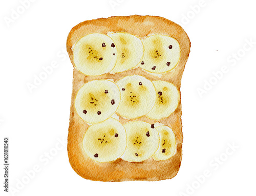 A slice of toast topped with slices of banana and a sprinkle of chocolate bar in watercolor style