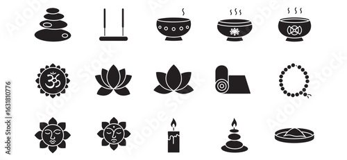 Black and white spa and wellness icons illustrating meditation relaxation and serenity