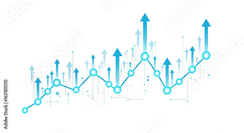 Upward trending blue financial graph with arrows isolated on transparent background