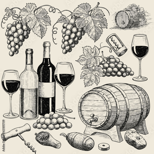 Vintage set of wine production elements in a classic engraved illustration style, featuring grapes, bottles, and barrels.