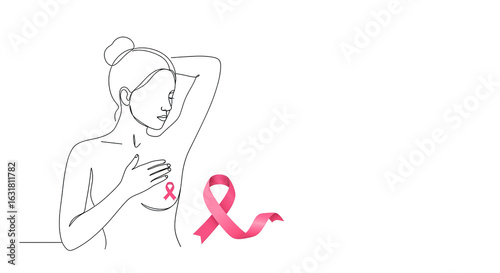 Line art drawing of a woman with hand on chest and pink ribbon for breast cancer awareness symbol