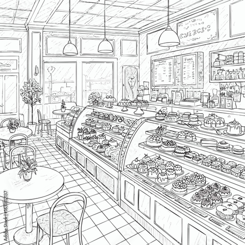 Bakery shop interior vector illustration. Detailed black and white sketch of a patisserie with cake displays and seating.