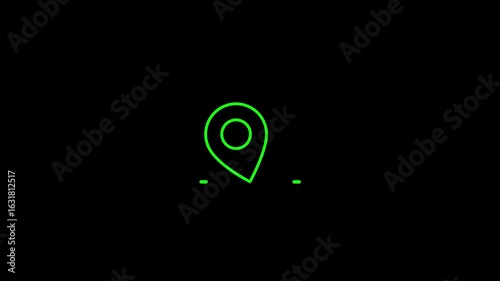 neon green location pin icon animation glowing on black background, minimal map marker symbol for navigation, gps, geolocation, tracking, delivery, travel or route planning tech videos