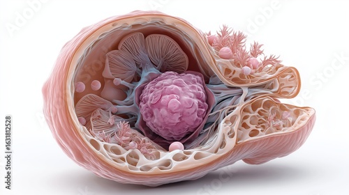 3D Visualization of Prostate Gland Cross-Section with Tumor Highlighted Realistic Medical Detail on White Background