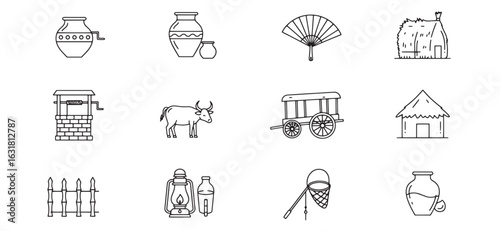 Hand drawn vector illustrations of traditional rural village life and simple objects