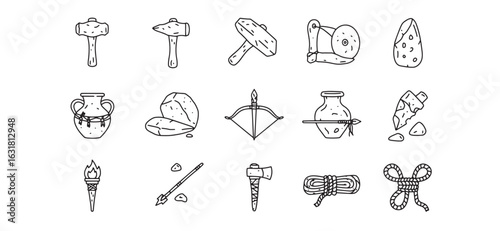 Hand drawn illustration of primitive tools and weapons isolated on white background