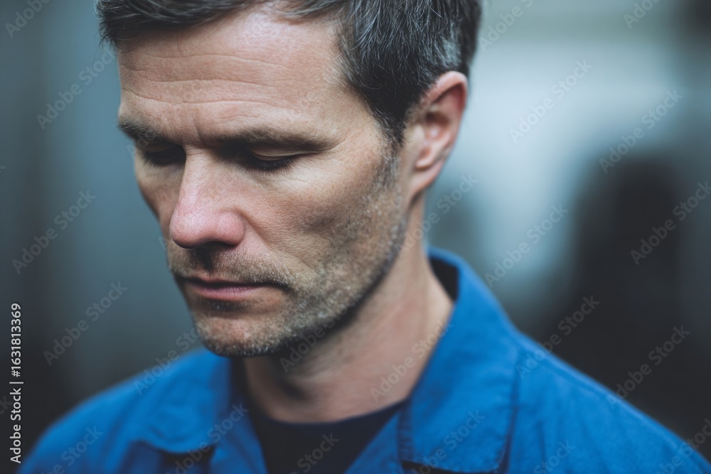Fototapeta premium Somber Caucasian male in blue coveralls, introspective during Solitude Day, embodying the introspective spirit of World Philosophy Day