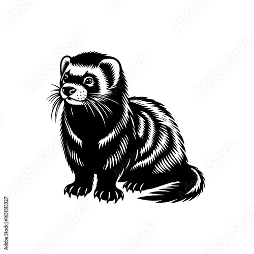 Vector art of ferret isolated on white background, vector illustration, black and white