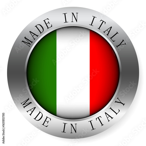 Made in Italy button icon. Circular emblem with metallic border, glossy central flag, and bilingual label indicating product origin and international manufacturing identity.