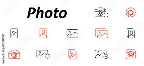 Photo set icon. Includes camera icons, image files, portraits, collections, favorites, and shutter elements for capturing and organizing visual content.