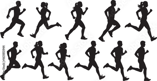 Silhouettes of runners in motion running people, running, people, athletes, motion, fitness, sport, exercise, action, male, female, black, white, silhouettes, active, race, marathon, training, speed, 