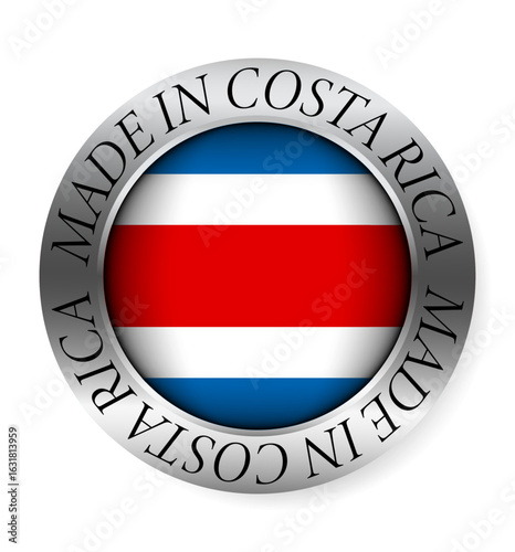 Made in Costa Rica button icon. Circular emblem with metallic border, glossy central flag, and bilingual label indicating product origin and international manufacturing identity.