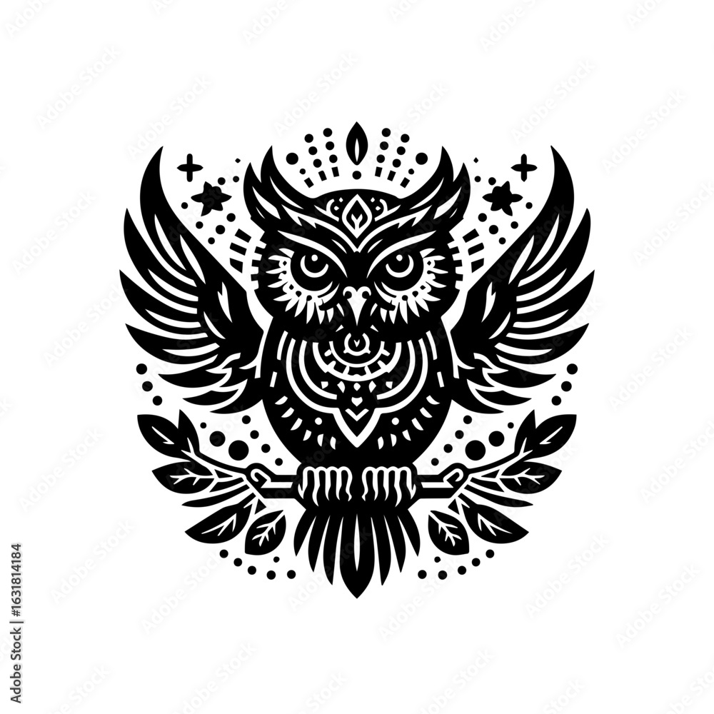 Fototapeta premium Vector art of owl bird drawing isolated on white background in vintage style design