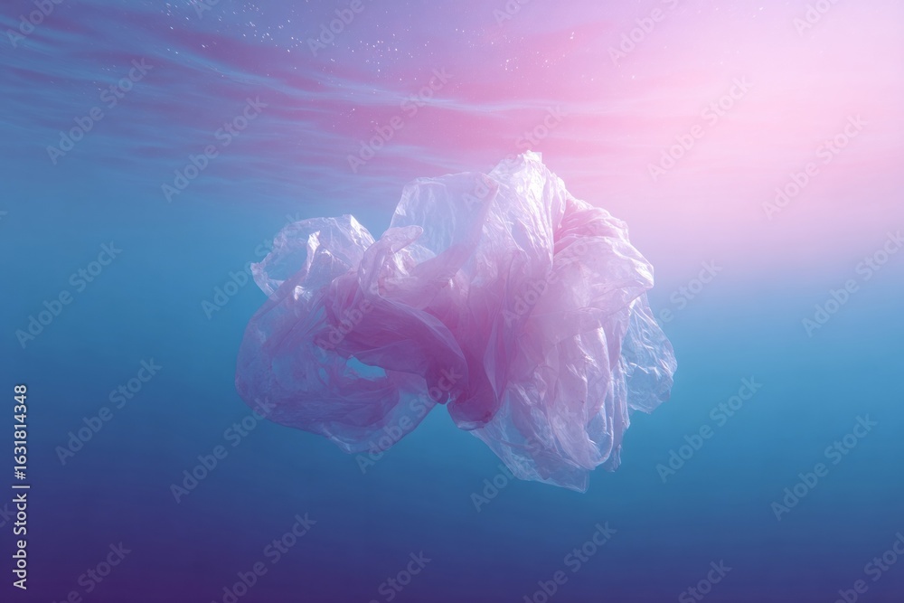 Fototapeta premium Enigmatic pink-hued plastic bag drifts like a jellyfish in azure depths, nodding to World Oceans Day and upcycled art celebrations