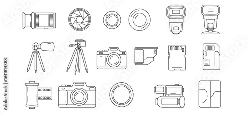 Simple line art illustration of diverse photographic equipment and accessories.