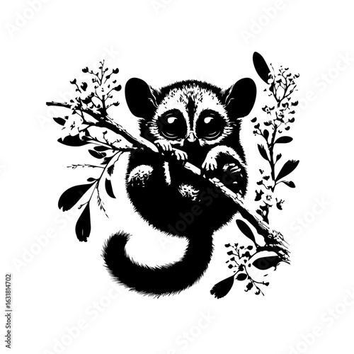 Vector art of tarsier clinging to a branch isolated on white background illustration