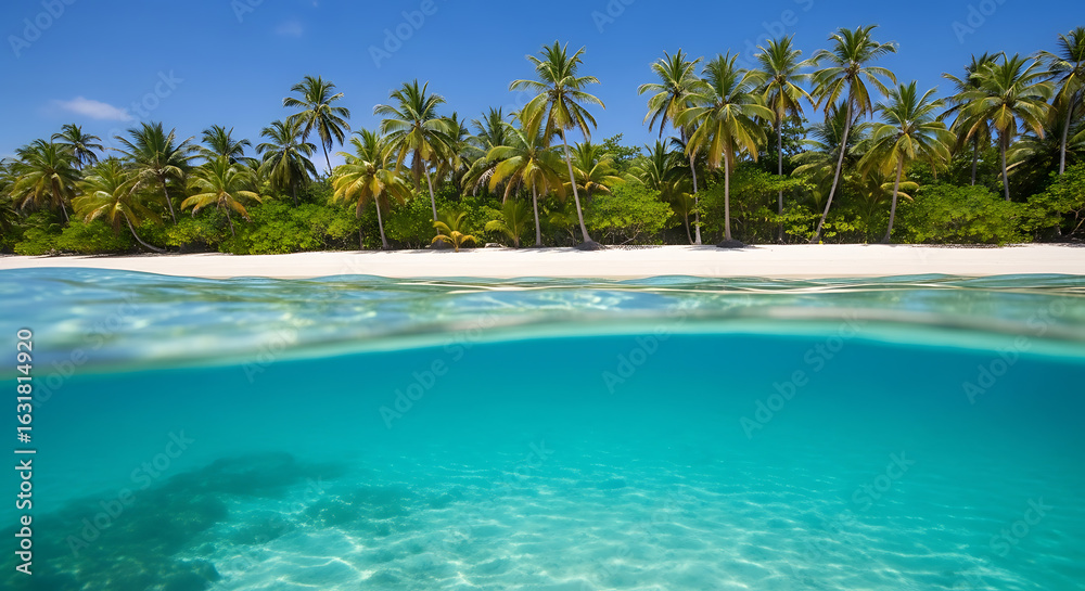 Obraz premium Tranquil turquoise waters meeting powdery white sands, palm trees reaching the blue sky, island