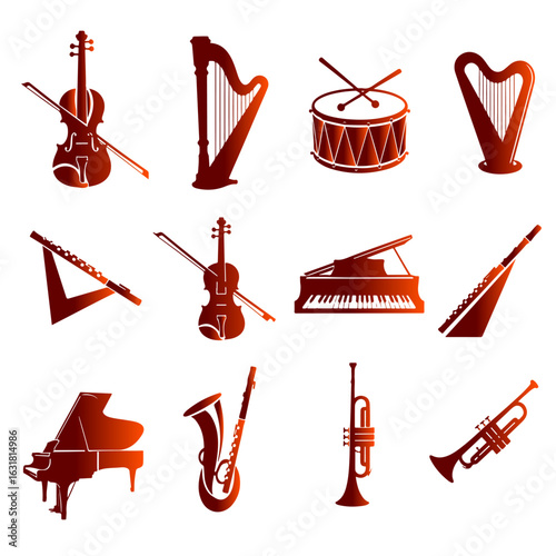 Assortment of Musical Instruments in Gradient Orange violin harp