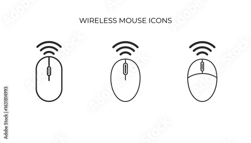 The icons depict three variations of a wireless computer mouse, each with a scroll wheel and radiating signal lines above it, indicating a cordless connection.