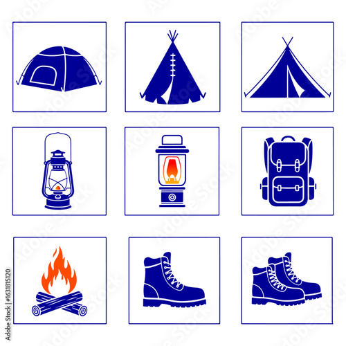 Blue Camping Icons Including Tents Lanterns Boots and Fire outdoors adventure