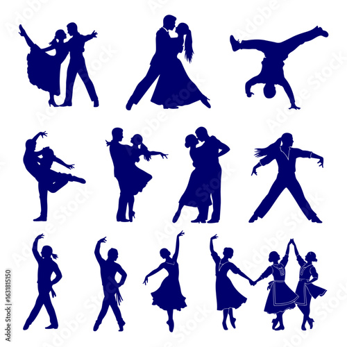 Blue Silhouettes of Dancers in Various Poses on White Background dancing ballet