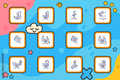 Agriculture set icon. Sprouting plants, seed packets, watering drops, and growth indicators outlined in squares on a colorful blue and pink background