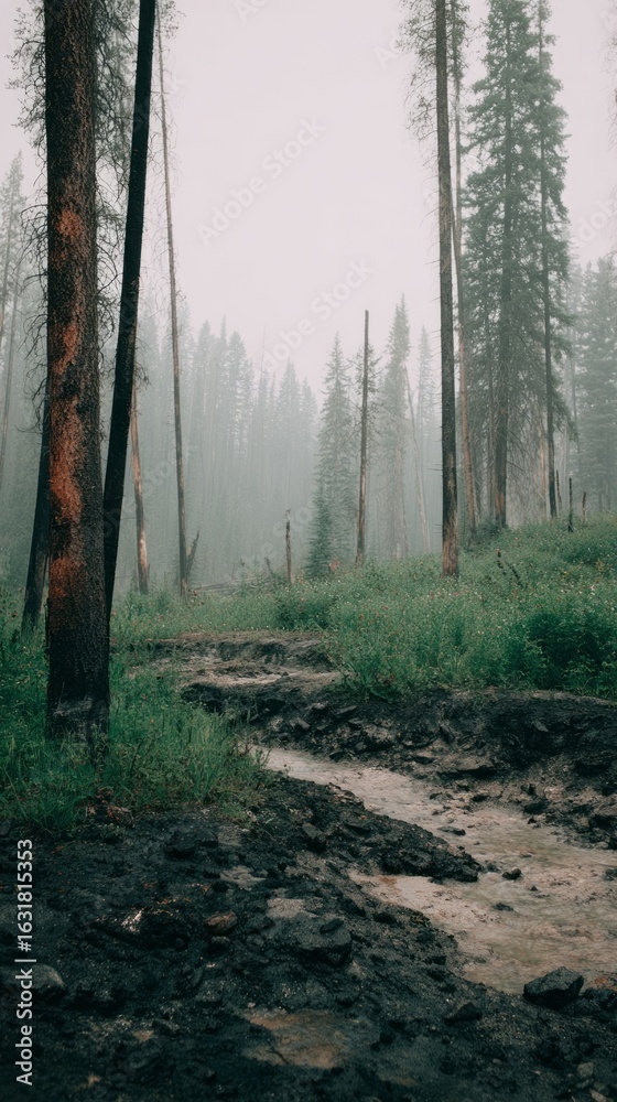 Naklejka premium Whispering fog envelops the pine-clad forest floor, evoking Imbolc mysteries and Earth Day's serene renewal in nature's cradle