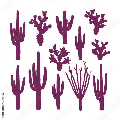 Collection of Purple Cactus Silhouettes on White Background cacti desert