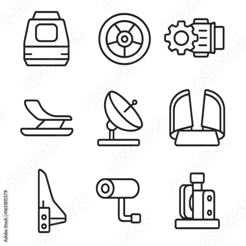 Space Robotics Icons. Outline style icons of Space and robotics: space elevator climber cabin, roller guide wheel, traction motor