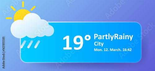 Weather forecast icon. White cloud with rain and sun behind on blue background, temperature marked 19 degrees, label includes city, date, and time