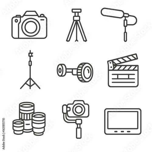Filmmaking Equipment Icons. Line style icons of Filmmaking Equipment: digital camera, tripod, boom microphone, light stand, follow