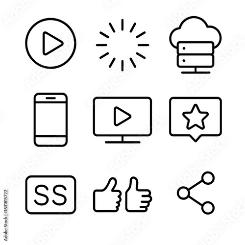 Streaming Icons Grid. Line style icons of Streaming Release: play button, buffering icon, cloud server, mobile device, smart TV