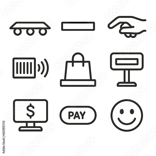Checkout Process Icons. Line style icons of Checkout Process: conveyor belt, divider bar, cashier hand, scan beep icon, bagging