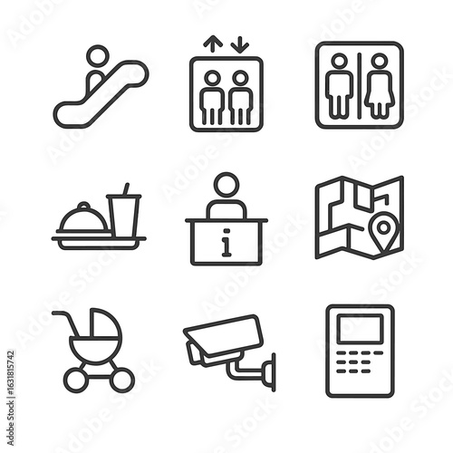 Mall Facility Icons. Line style icons of Mall Facilities: escalator, elevator, restroom sign, food court tray, information desk,