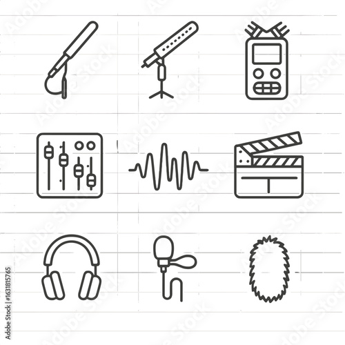 Sound Design Icons. Line style icons of Sound Design Tools: boom pole, shotgun mic, field recorder, audio mixer, headphones, sound