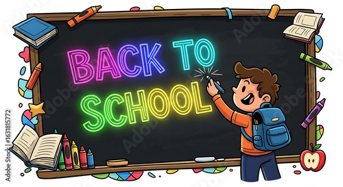 Excited students running towards entrance, Open Book And Laptop In Library, Education and reading concept - group of colorful books on the wooden table in the classroom, blackboard background


